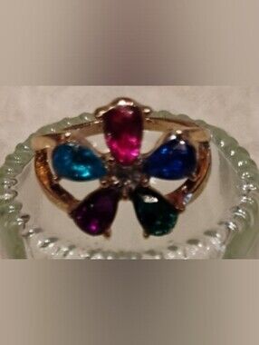 Gold Flower Multistone Ring in Blue, Teal, Purple ,Pink and White Crystals